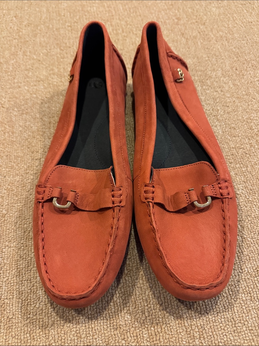 UGG Orange Suede Loafers with Gold Logo Accent